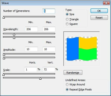 Wave dialogue >> Num Generators:5; Type: sin; Wavelength: min-206, max-206; Amplitude: min-10, max-10; Scale: vertical-72%,horizontal:1%