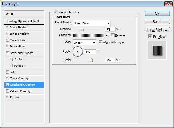 Gradient Overlay >> Blend Mode:Linear Burn; Opacity:30%; Gradient is described below; Style:Linear; Check 'Align with Layer'; Angle:180 Degrees; Scale:100%