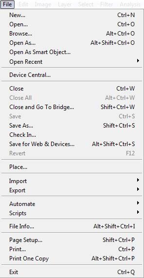 Picture of file menu in Photoshop which is being discussed in this tutorial.