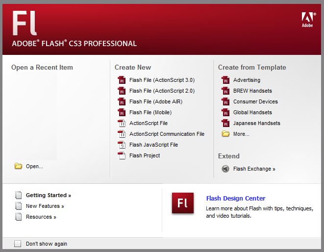 The Flash Startup Screen (CS3)